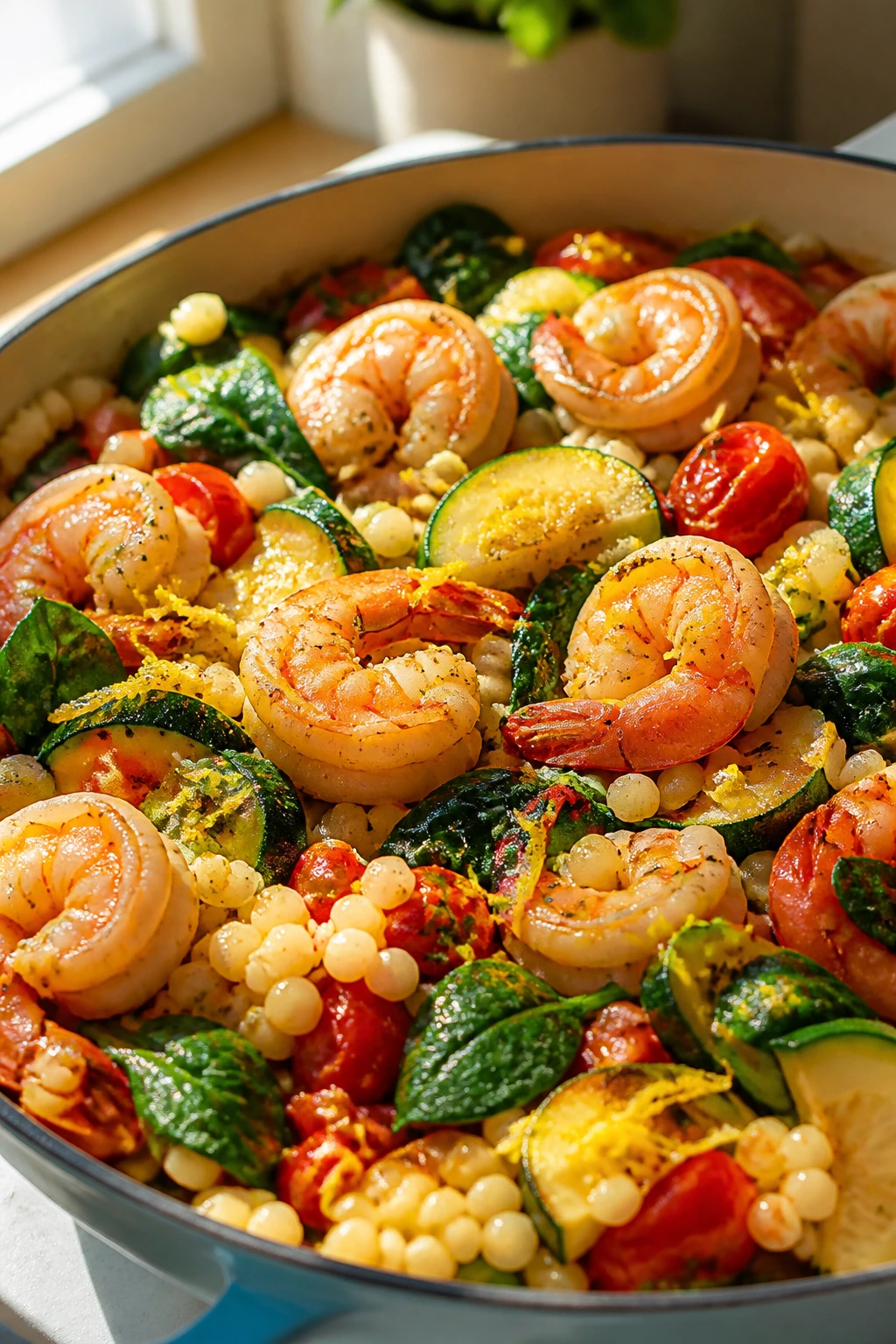Shrimp and veggie couscous with lemon and greens