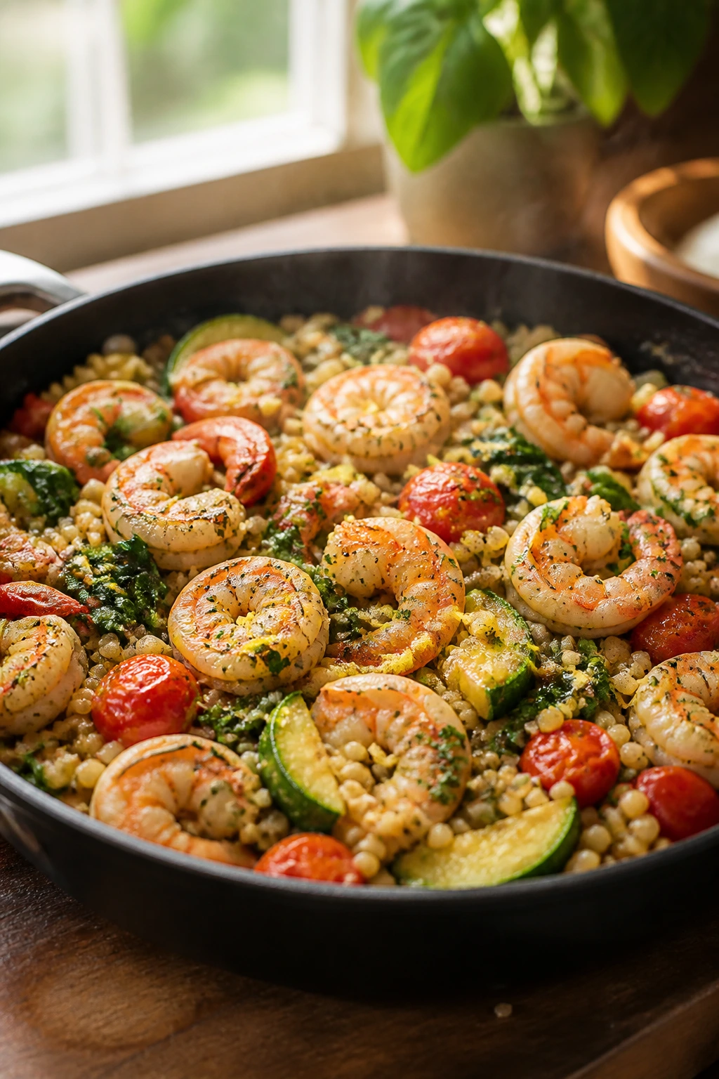 Close-up of Lemon Garlic Shrimp and Veggie Couscous in a skillet