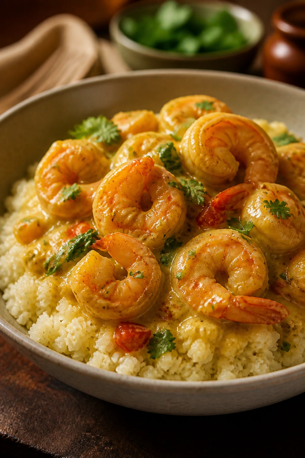 Shrimp in coconut curry over cauliflower rice in a bowl
