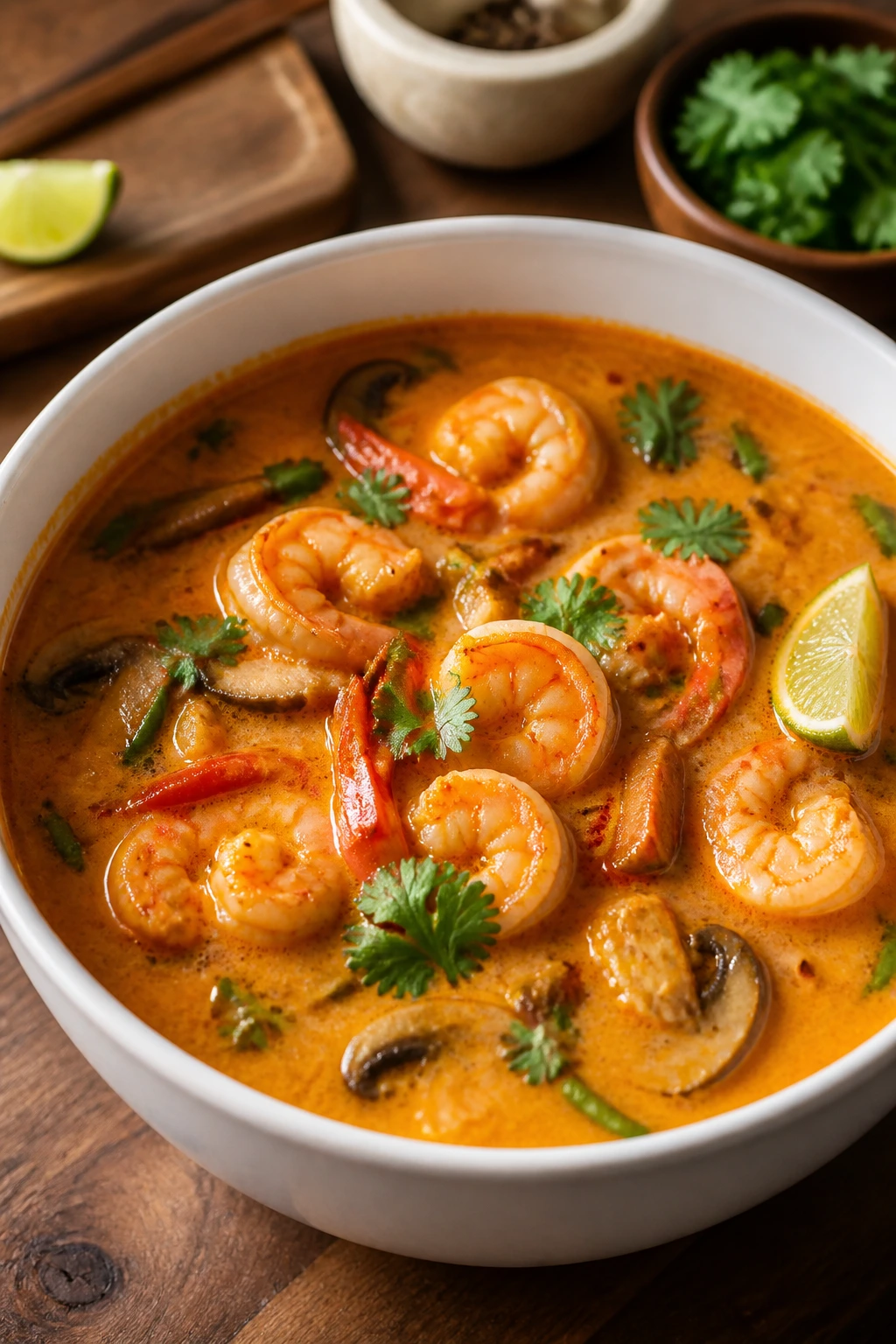 Close-up of Coconut Curry Shrimp Soup in a white bowl on a wooden counter
