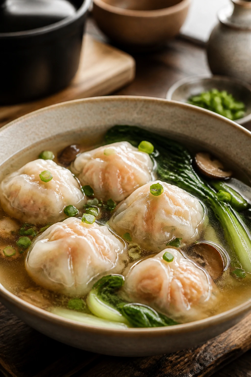 Close-up of shrimp dumplings in broth with mushrooms and bok choy