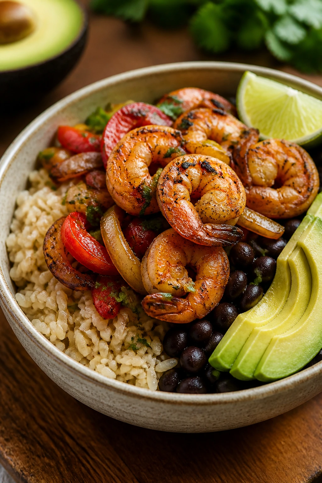 Close-up of a shrimp fajita bowl with peppers, onions, rice, beans, lime, and avocado