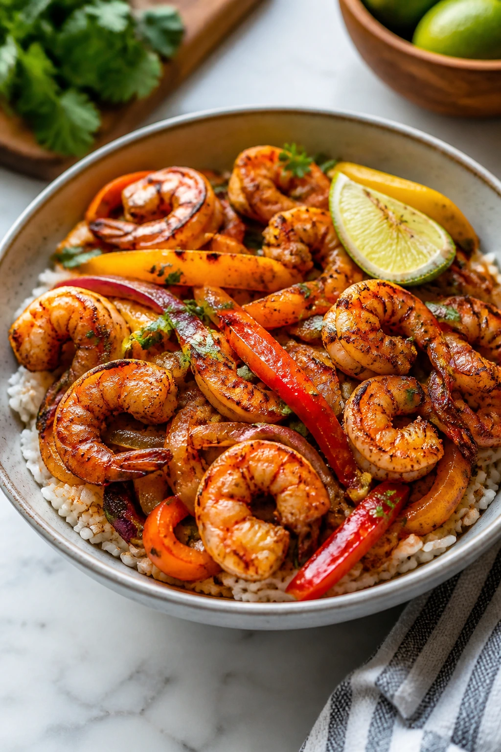 Close-up of shrimp fajita bowl with peppers onions and rice