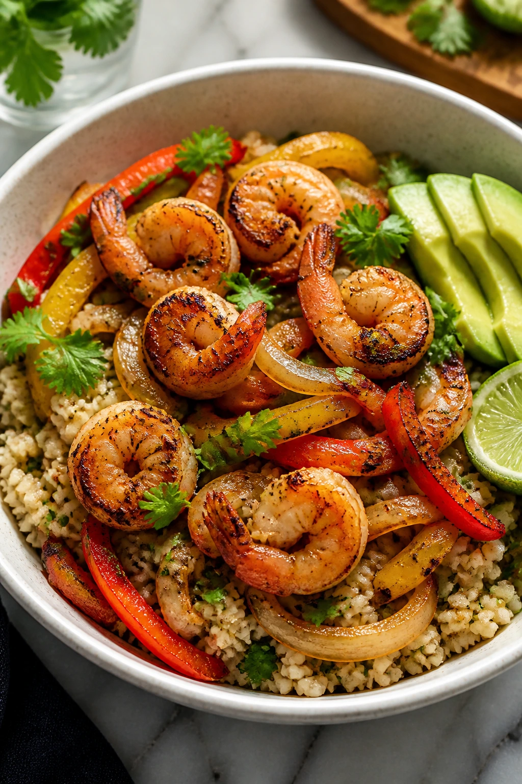 Shrimp fajita cauliflower rice bowl with peppers and lime.