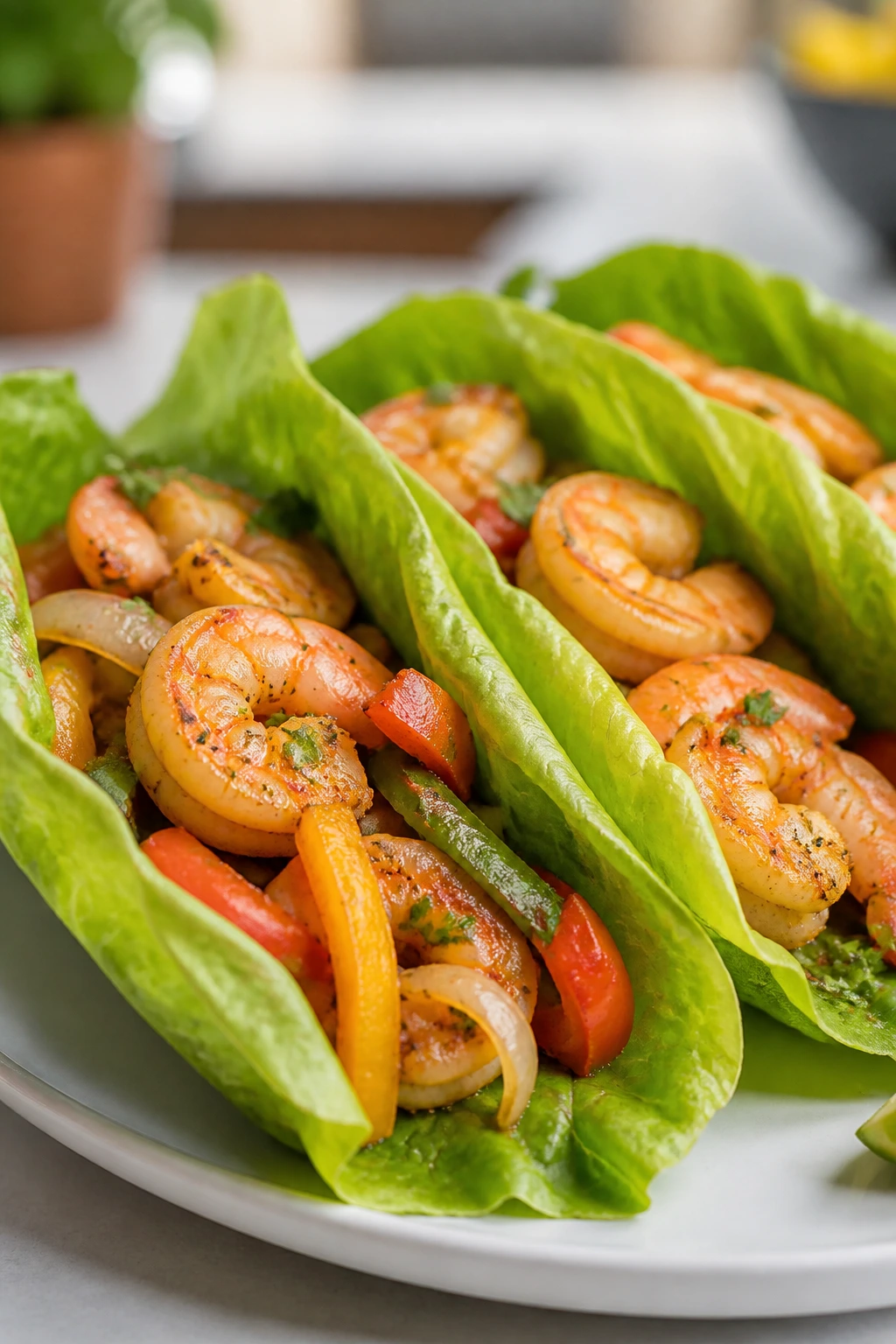 Close-up shrimp fajita lettuce tacos on a plate