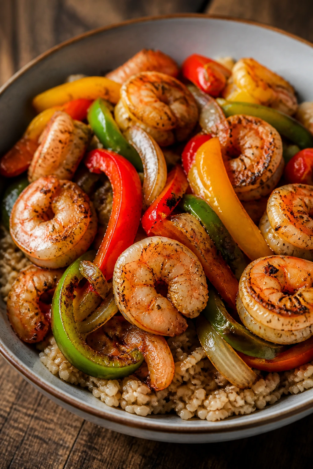 Shrimp fajita rice bowl with peppers and onions