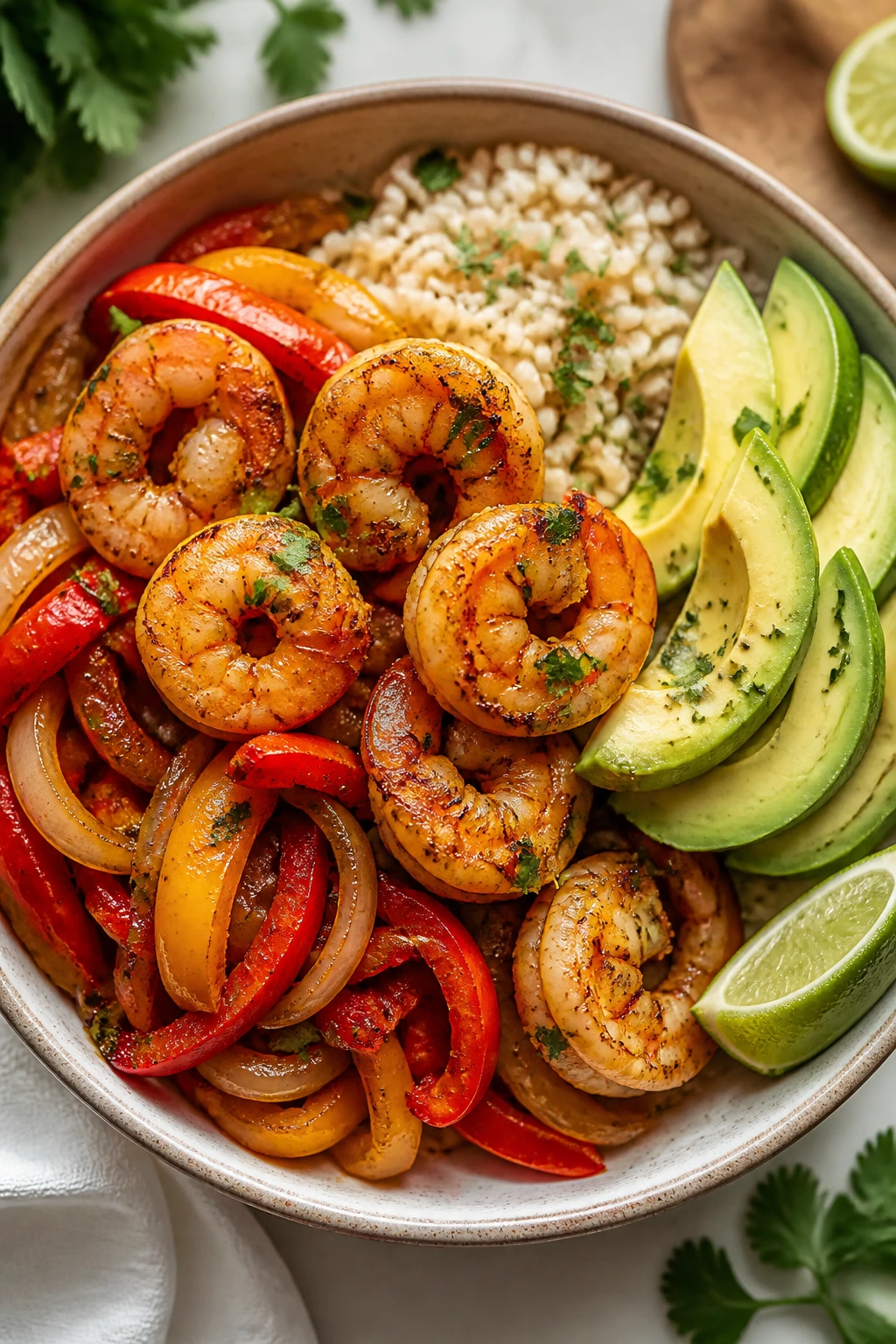 Top-down shrimp fajita rice bowl with peppers and avocado
