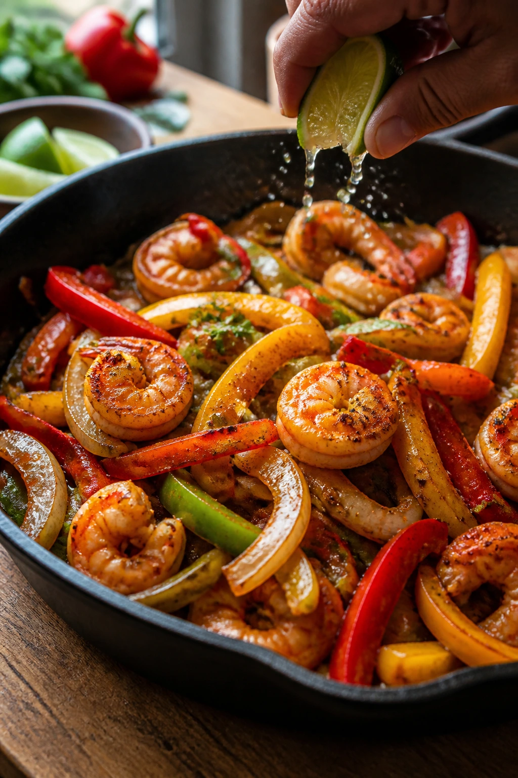 Shrimp fajita skillet with peppers and onions in a hot skillet.