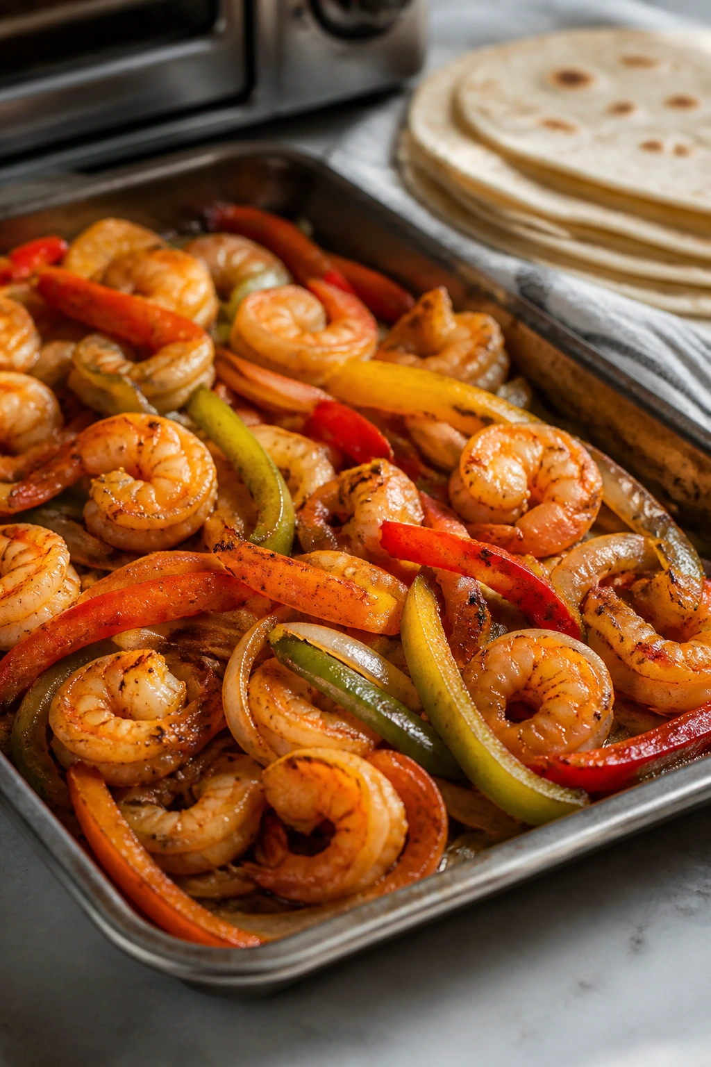 Shrimp fajitas with peppers and onions on a tray