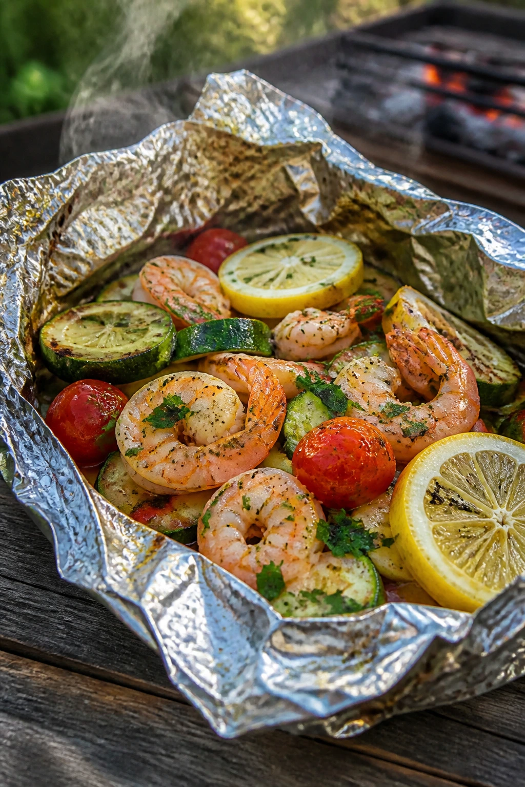 Close-up of a lemon-herb shrimp foil packet opened to show shrimp and vegetables on a rustic picnic table