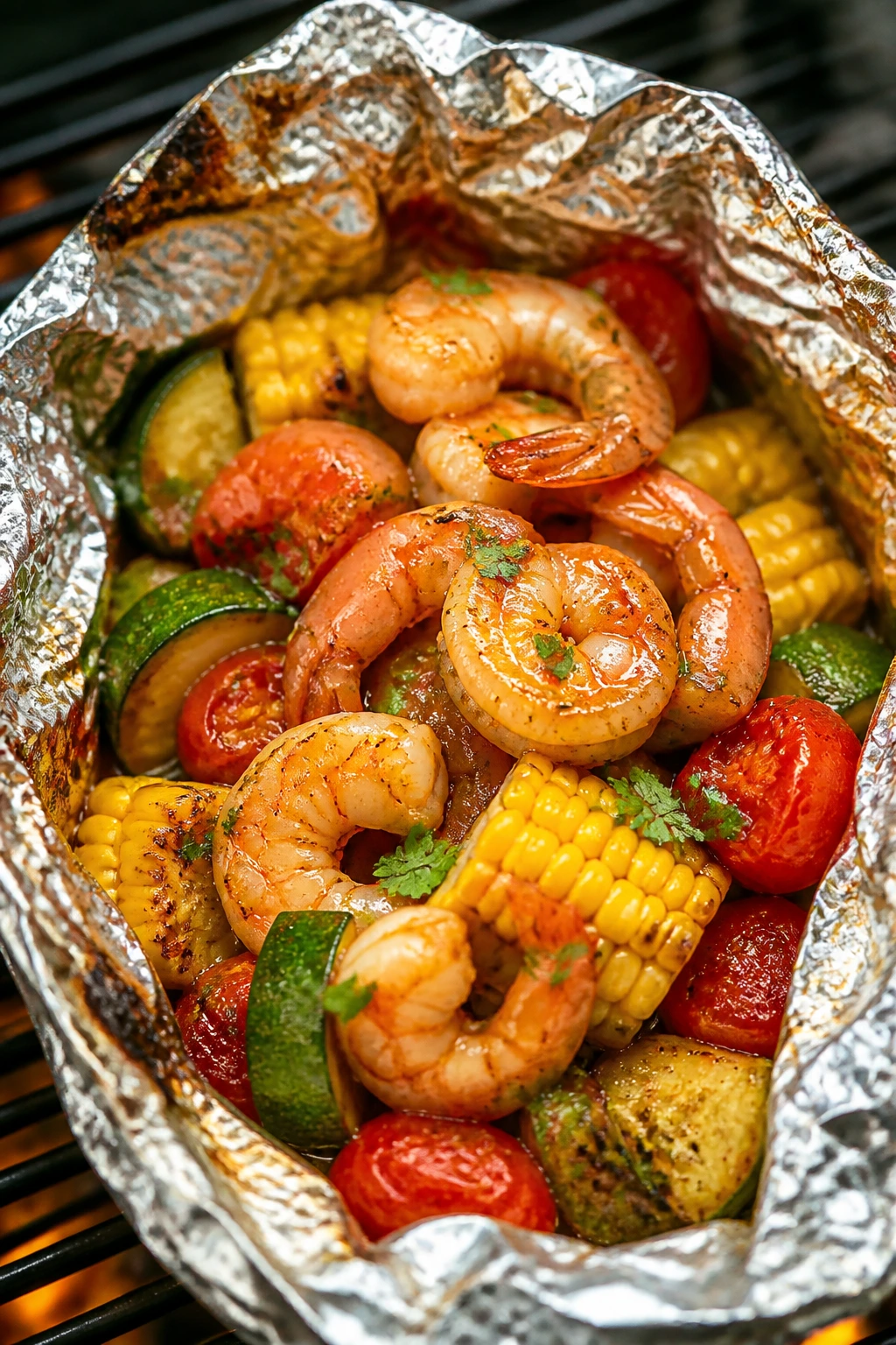 Open foil packet with shrimp and vegetables on a grill