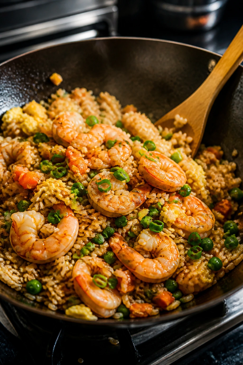 Shrimp fried rice with shrimp and vegetables in a wok