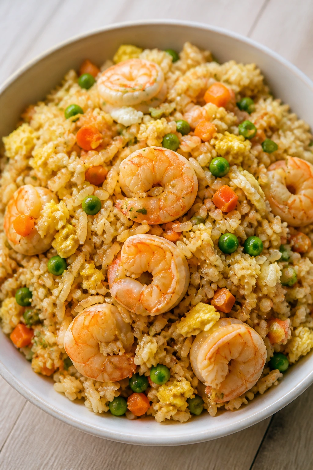 Bowl of shrimp fried rice with shrimp and vegetables