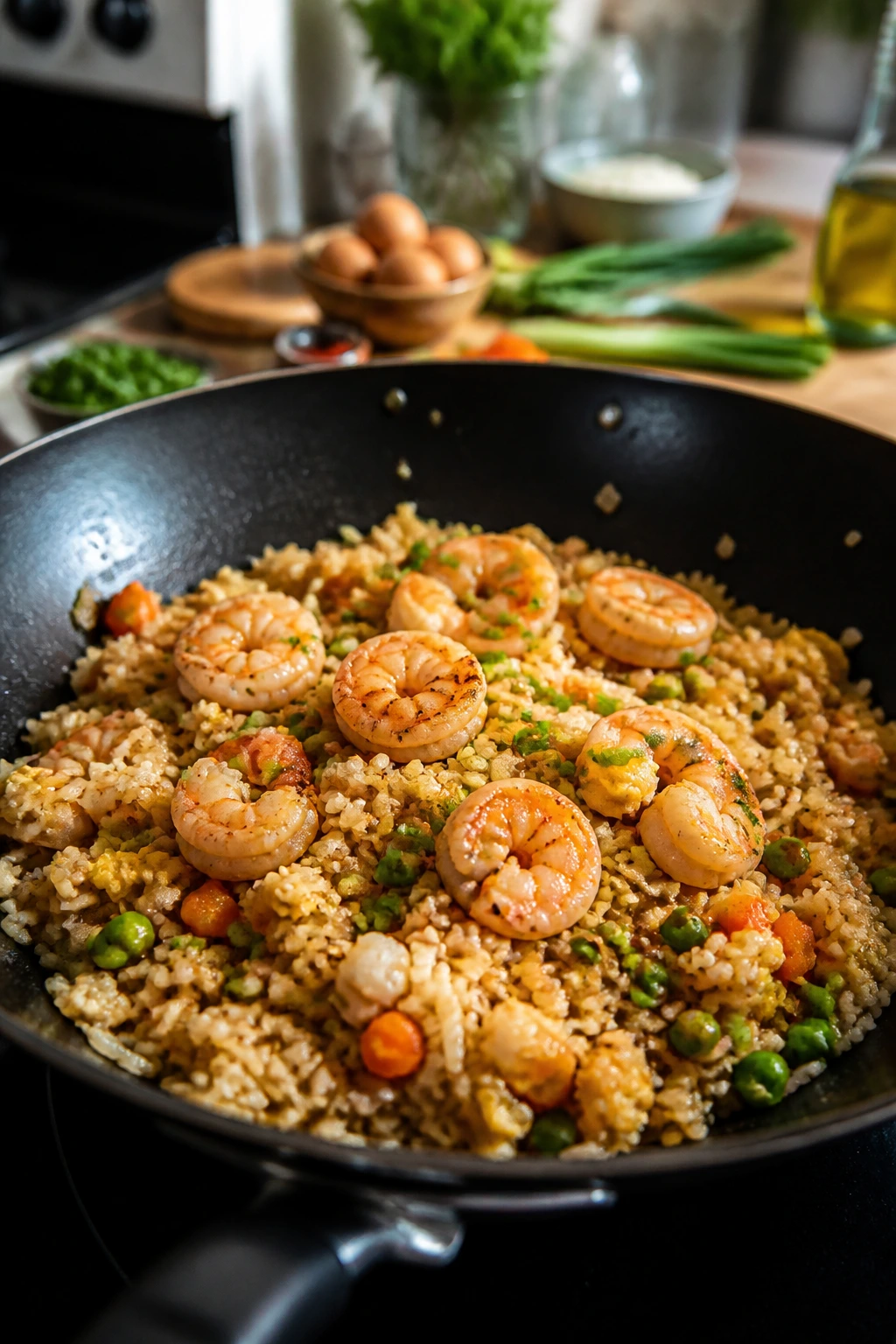 Skillet of shrimp fried rice with shrimp on top