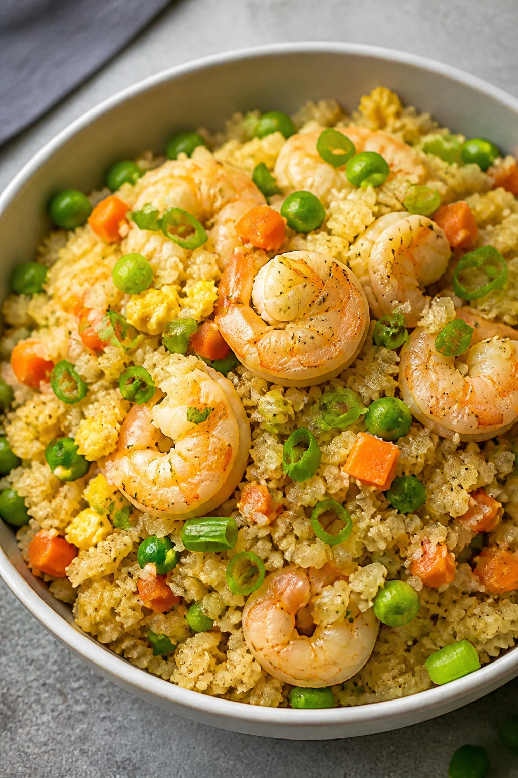Bowl of shrimp fried rice with cauliflower rice and peas