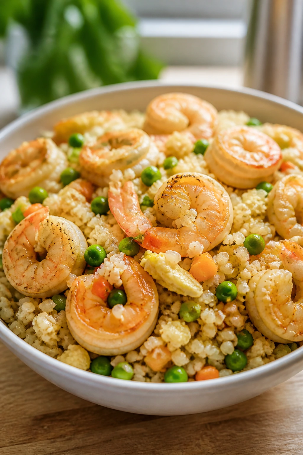 Close-up of shrimp fried rice with cauliflower rice and peas in a bowl
