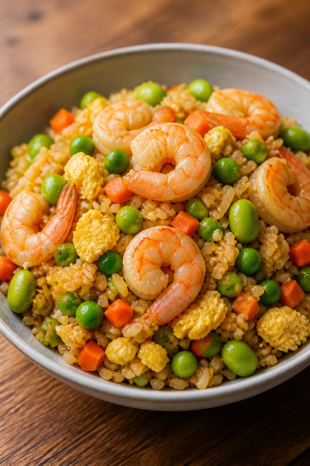 Fried rice with shrimp and edamame in a bowl