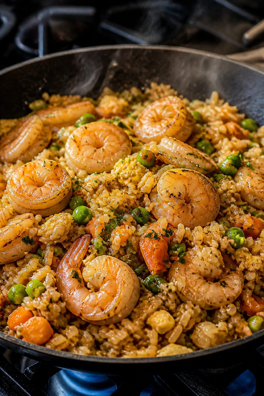 Close-up of garlic butter shrimp fried rice in a skillet with shrimp and peas