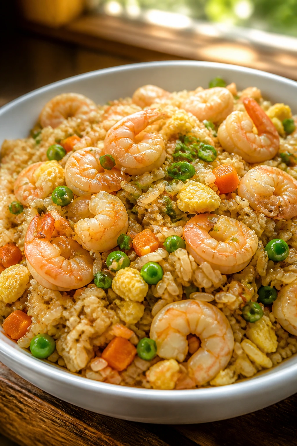 Close-up of shrimp fried rice in a white bowl with peas and eggs