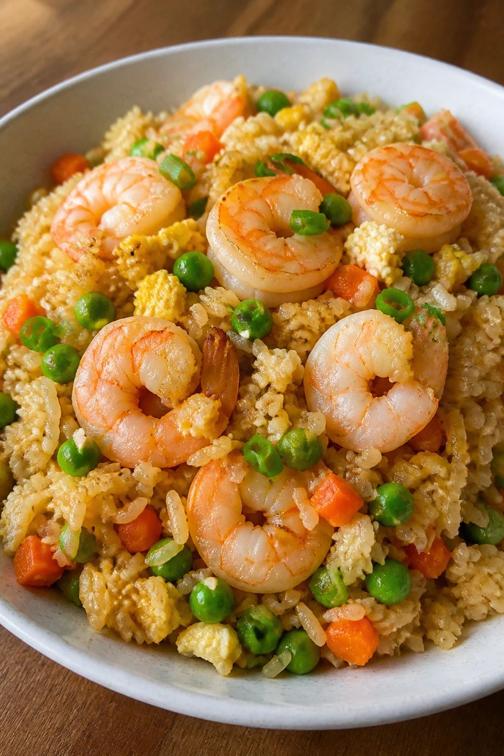 Shrimp fried rice in a bowl with shrimp and peas in a kitchen