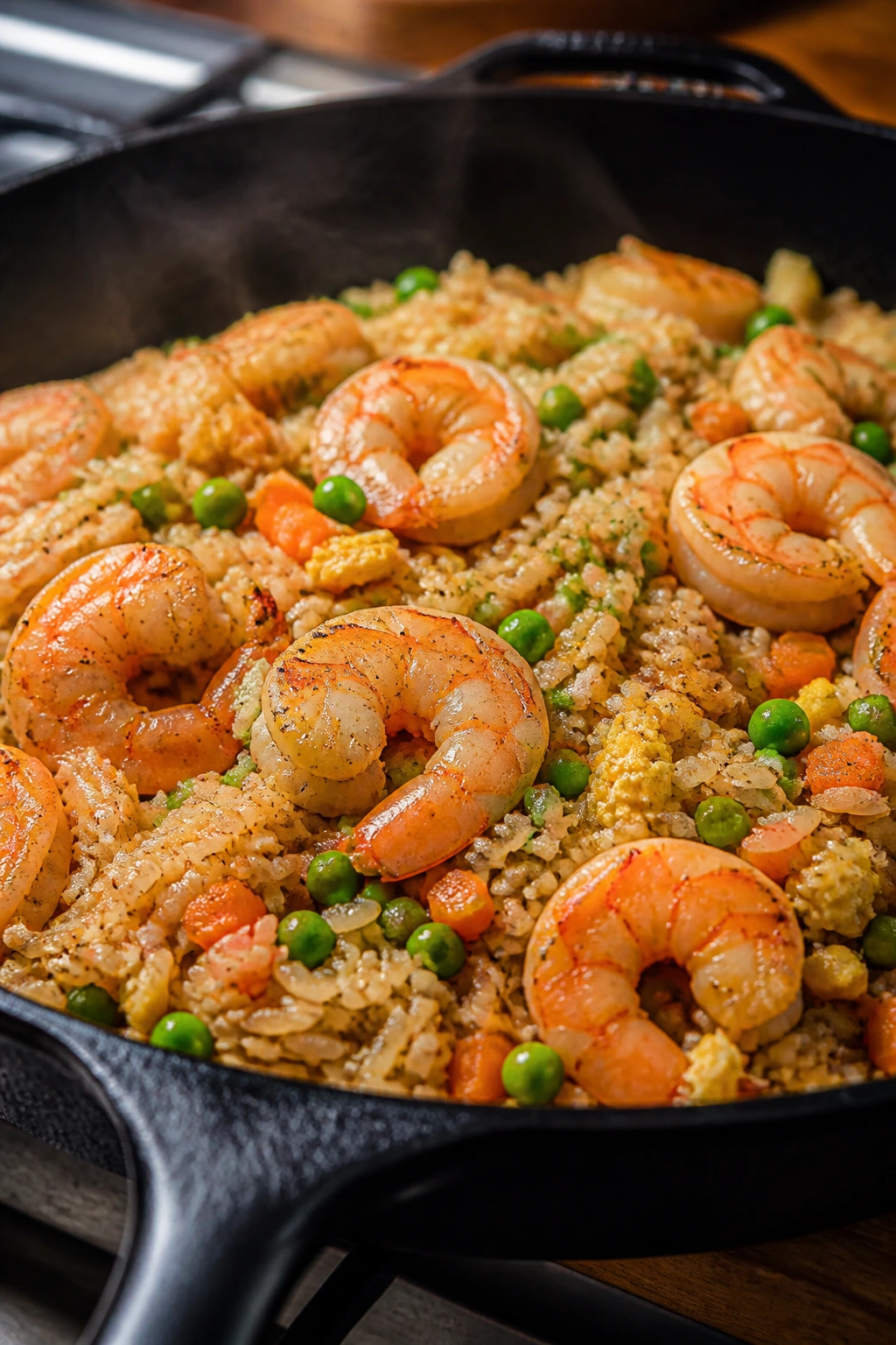 Close-up of shrimp fried rice in a skillet with shrimp, peas, carrots and egg