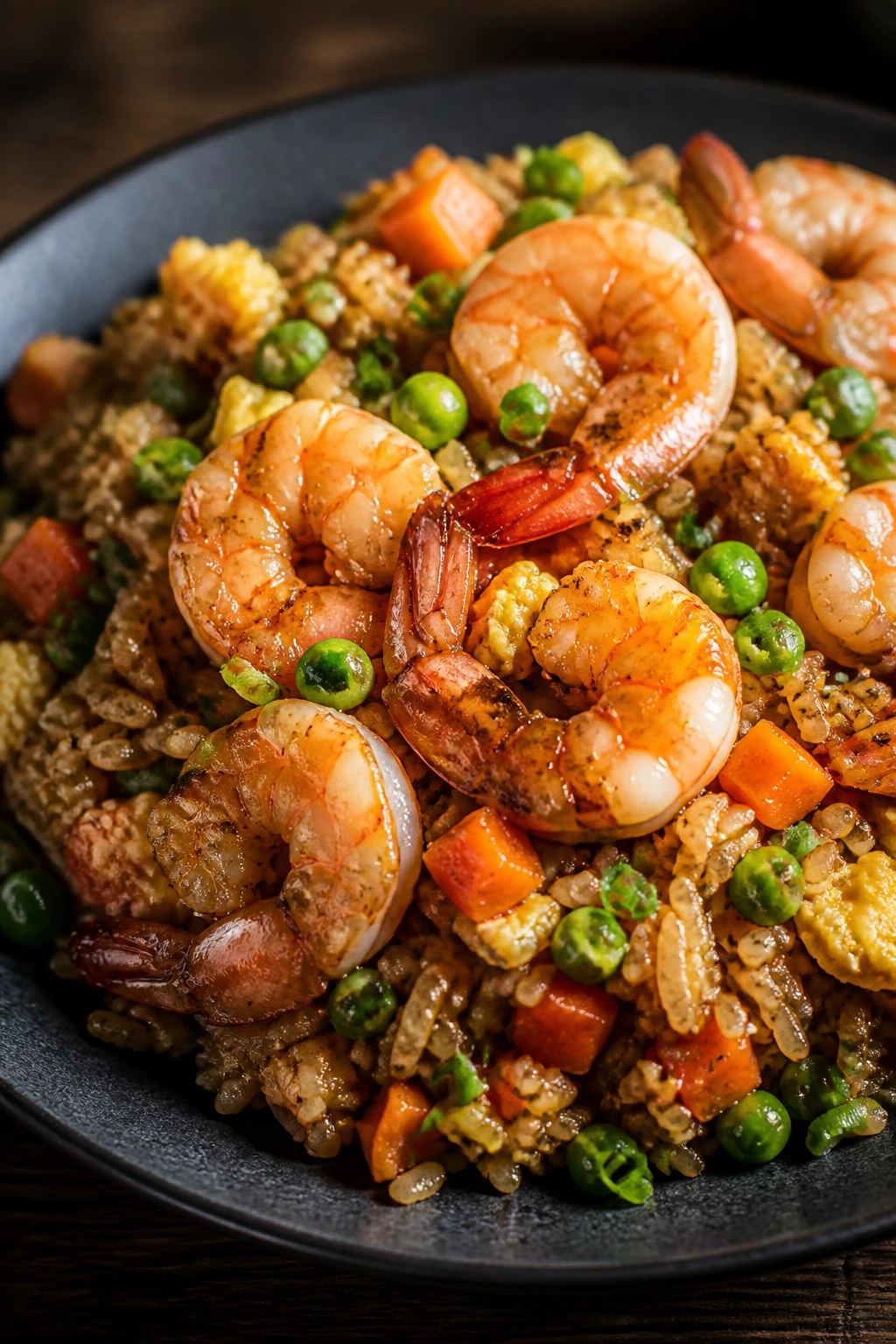Shrimp fried rice with shrimp on top in a bowl