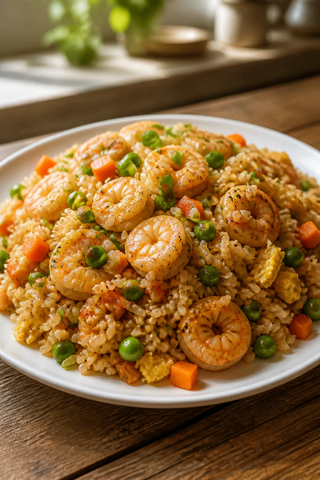 Close-up of shrimp fried rice on a rustic wooden table