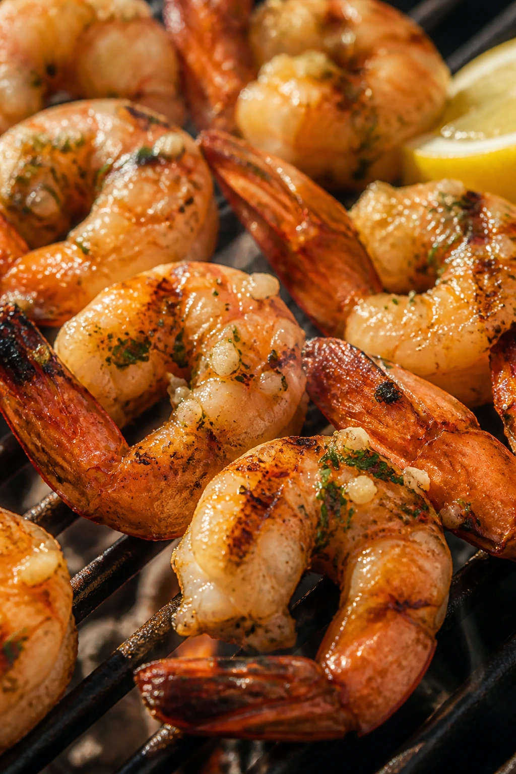 Close-up of garlic butter shrimp on a grill with glossy glaze