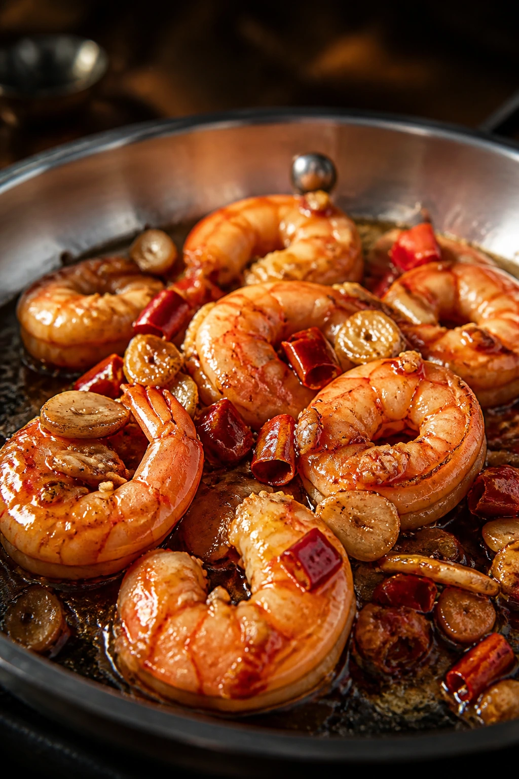 Close-up of garlic-chili shrimp in a hot pan