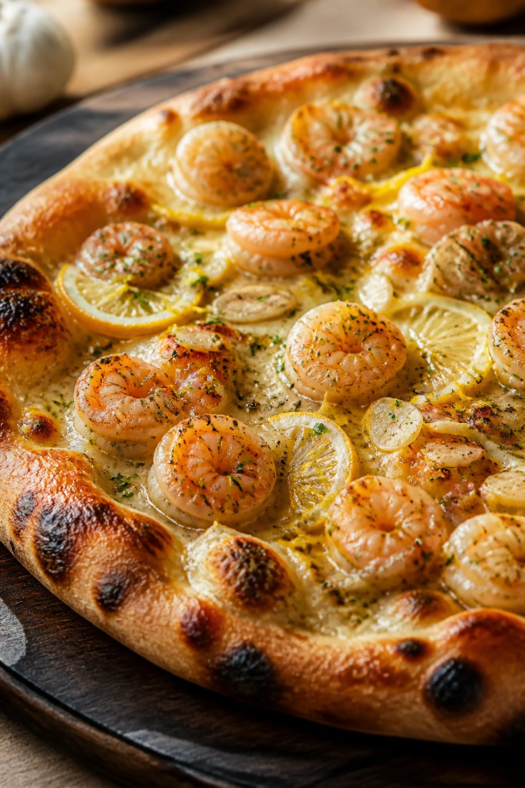 Close-up shrimp garlic lemon pizza