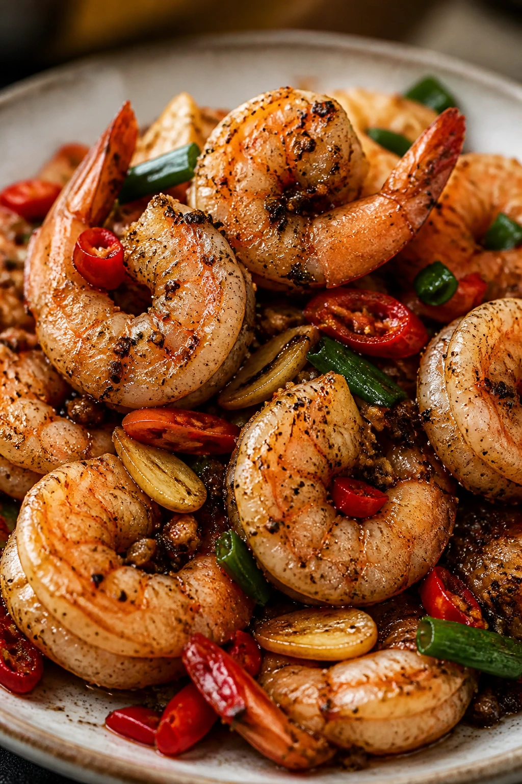 Close-up of Salt and Pepper Shrimp with garlic and chilies on plate