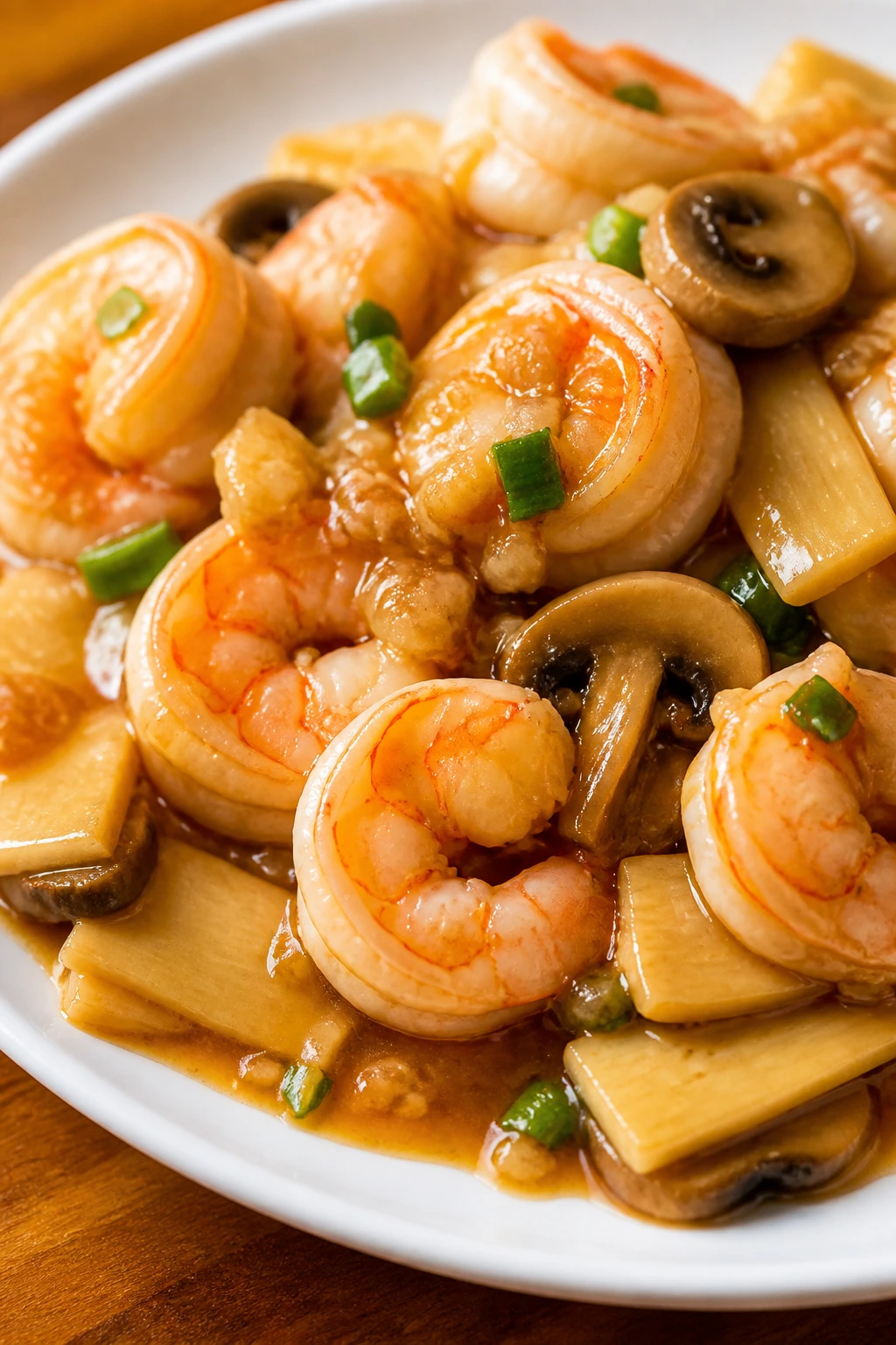 Shrimp with garlic sauce on a plate with vegetables