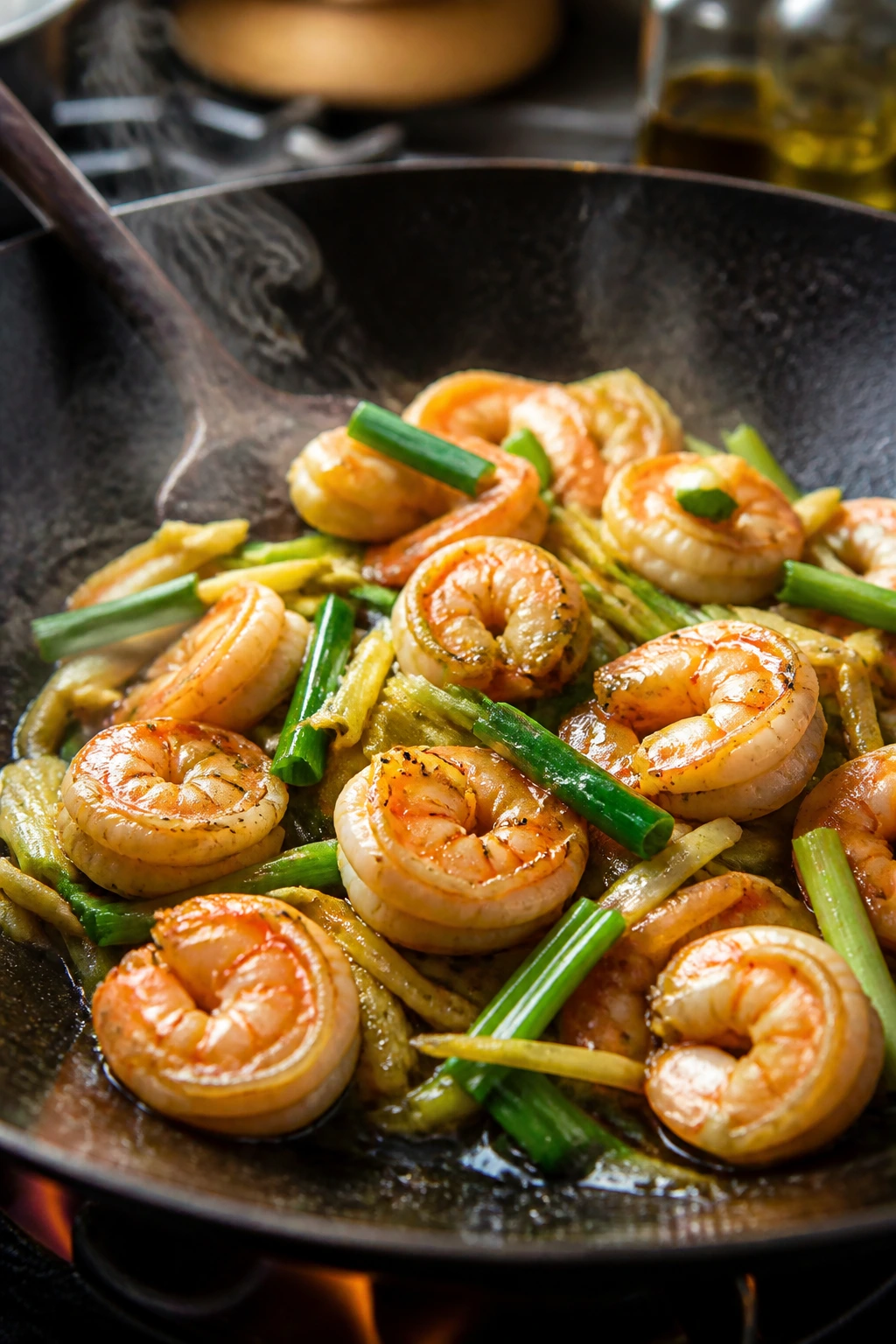 Close-up of ginger-scallion shrimp in a hot skillet with light glaze