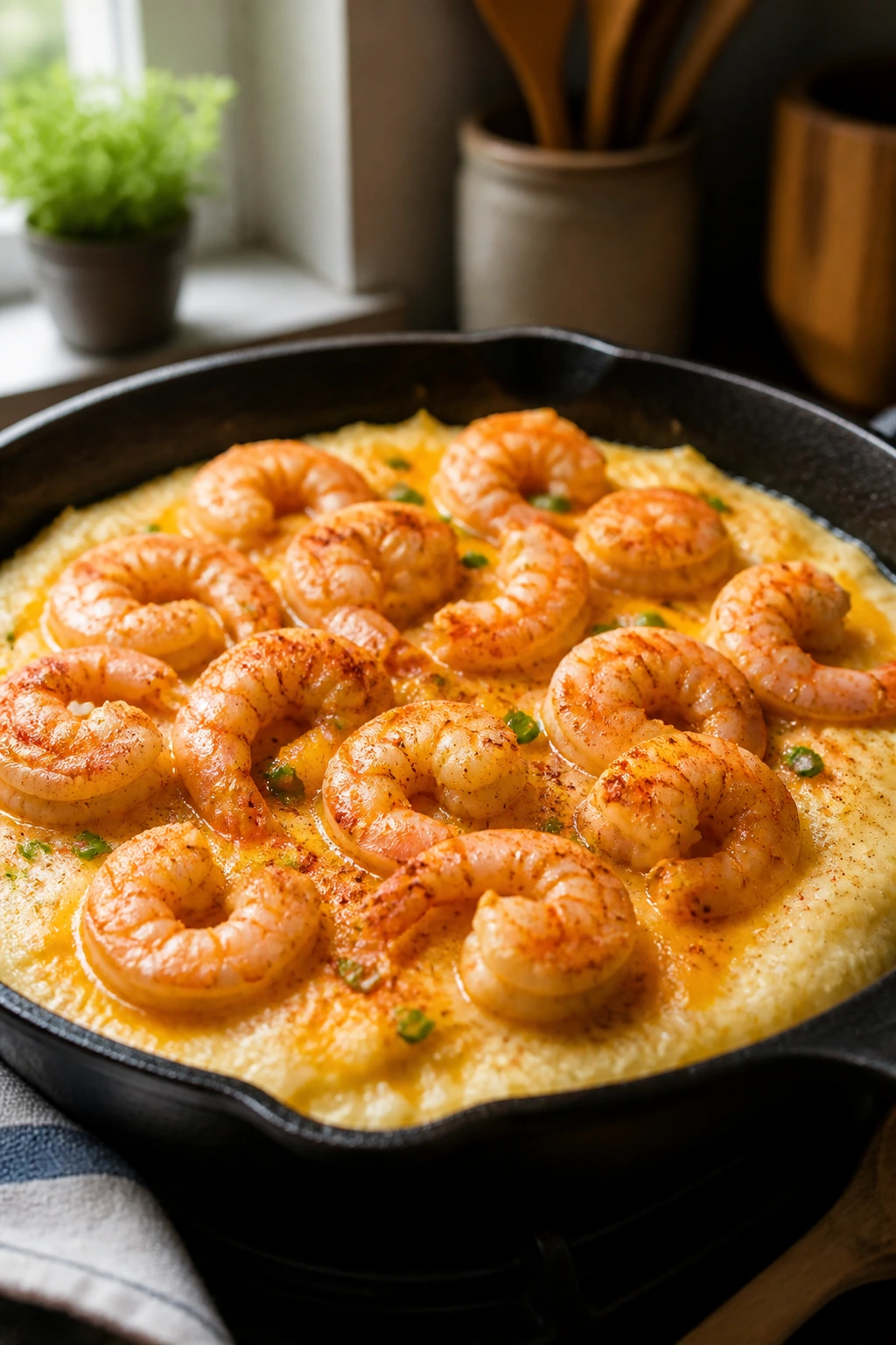 Close-up of shrimp atop creamy grits in a cast-iron skillet with paprika and cheddar in a warm kitchen.