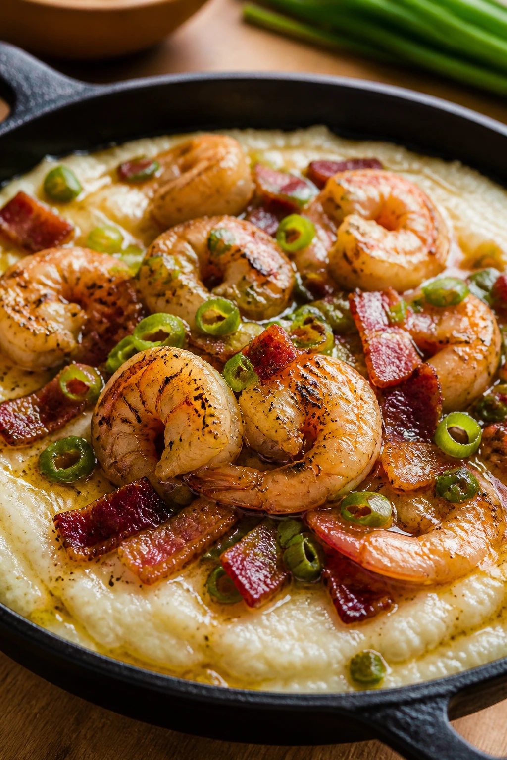 Close-up of shrimp and cheddar grits in a cast-iron skillet