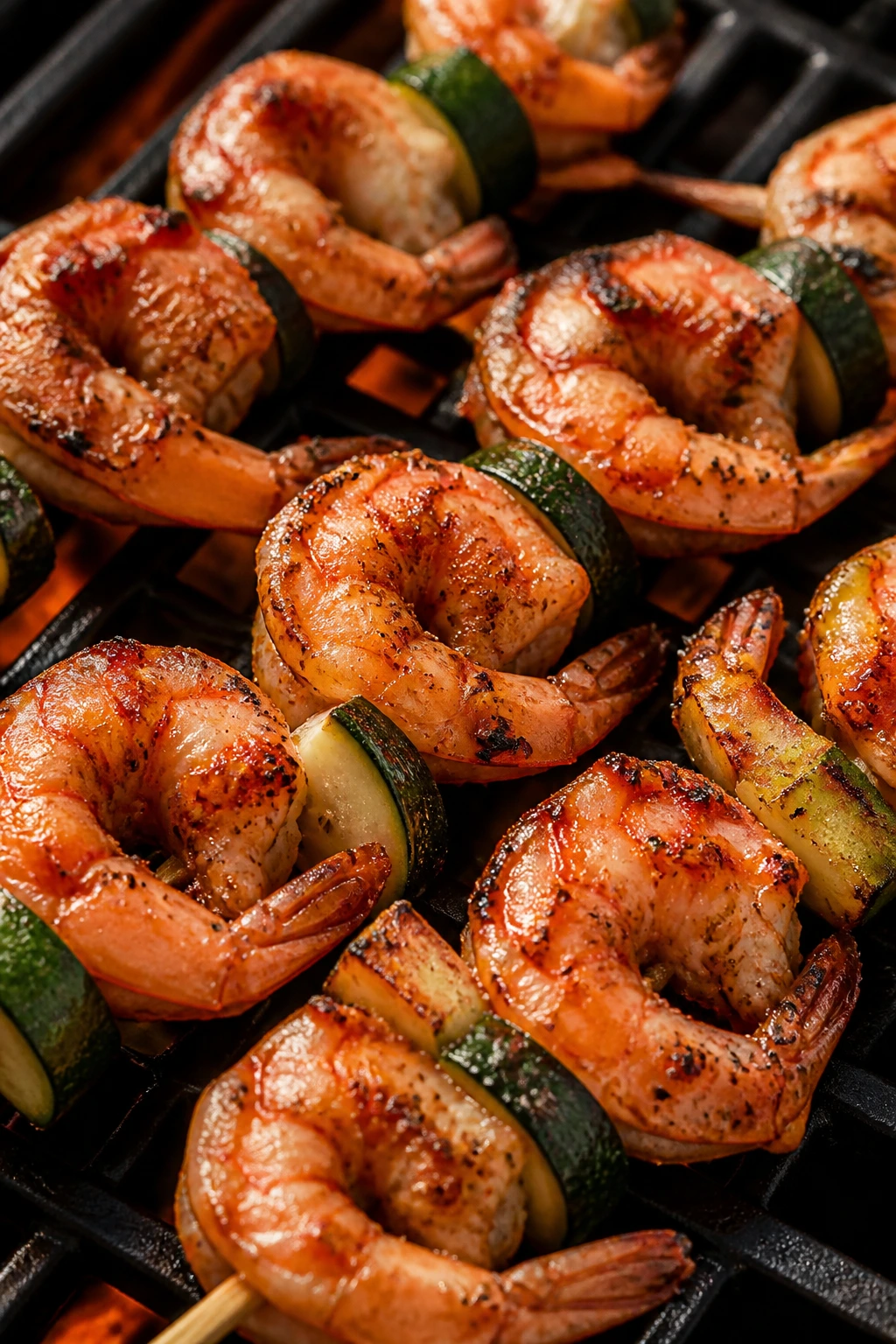 Close-up of harissa-glazed shrimp skewers on a grill