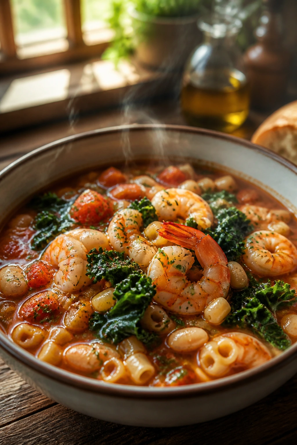 Close-up of shrimp and kale minestrone in a steaming bowl on a sunlit rustic kitchen table