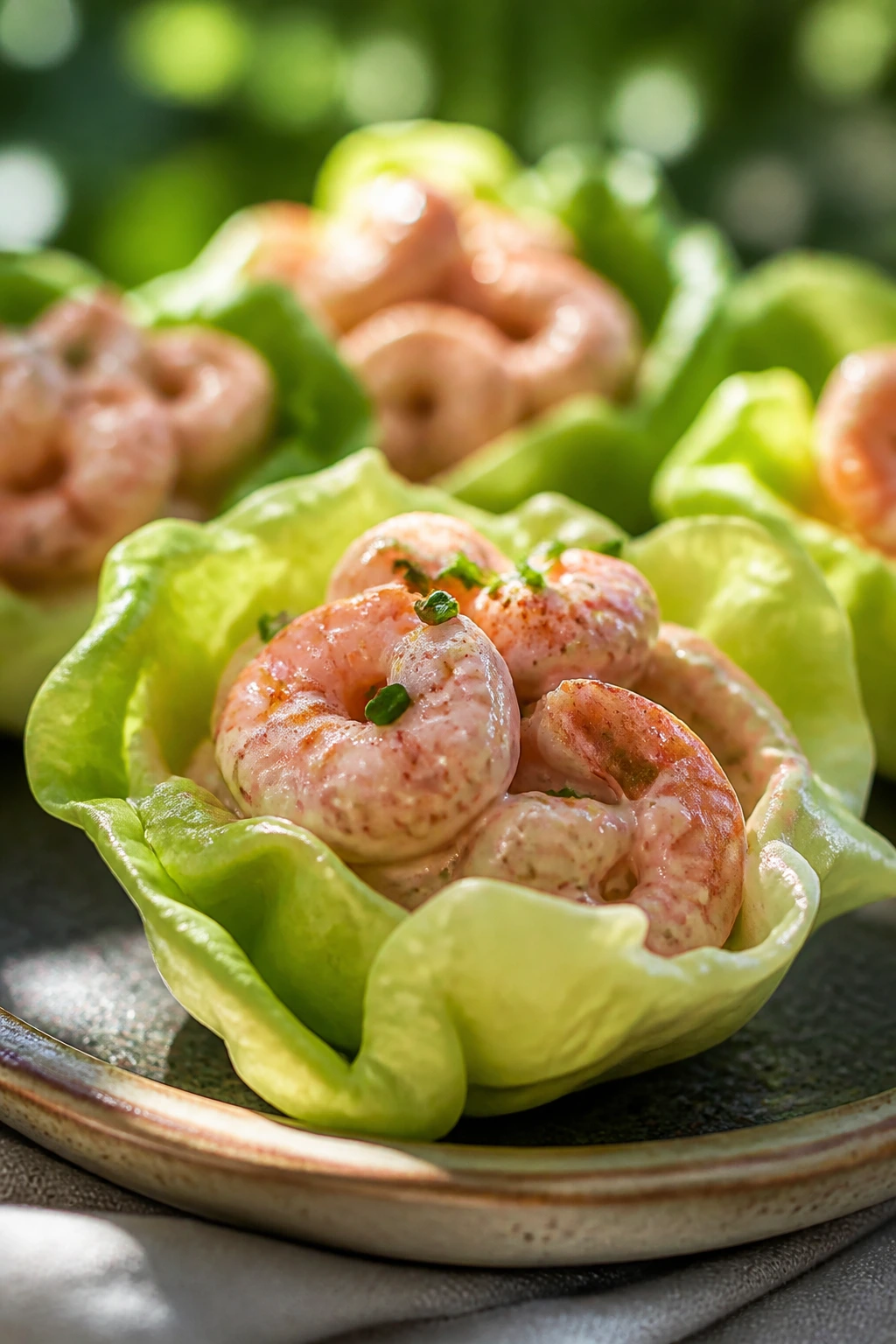 Lettuce cup shrimp cocktail close-up at picnic