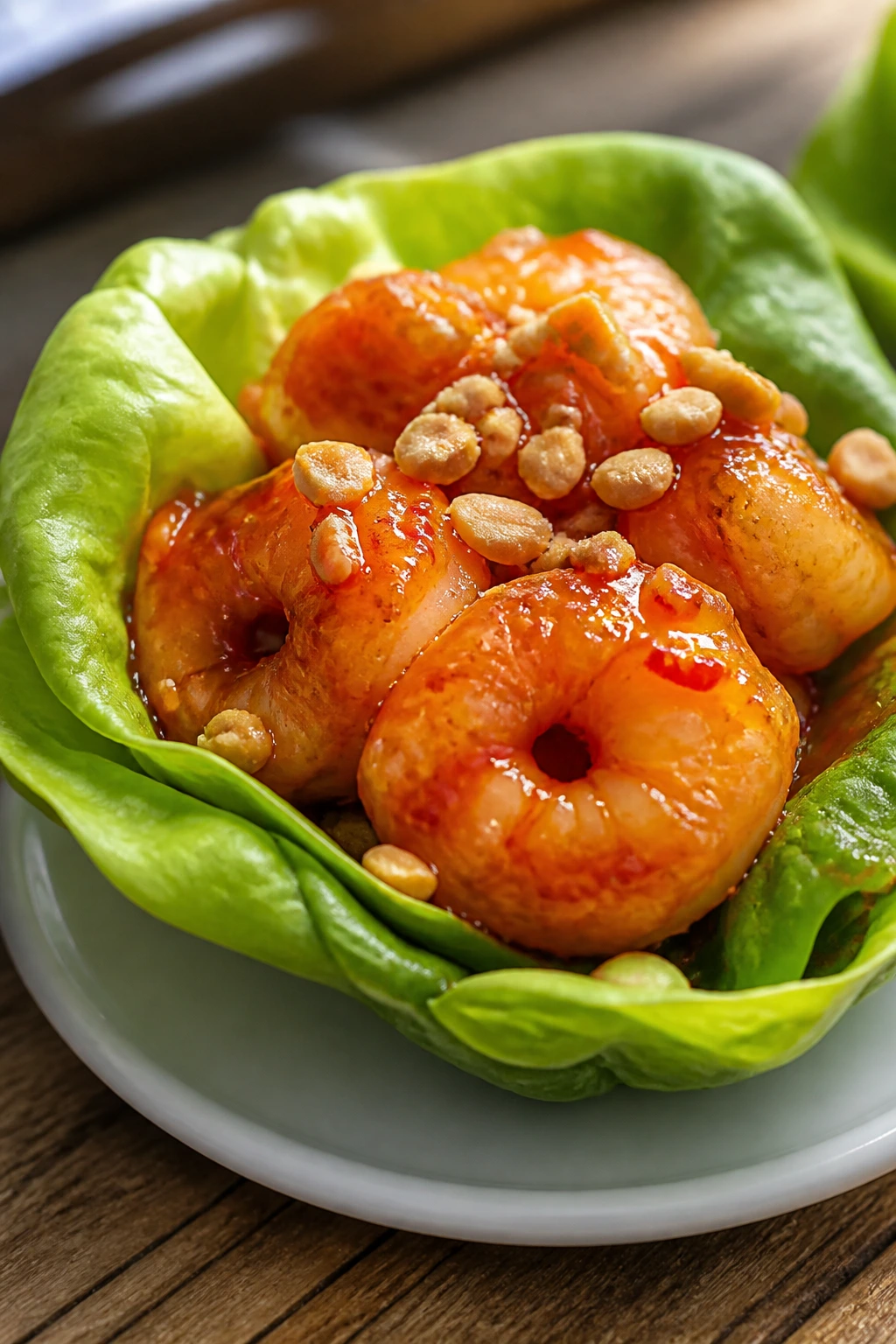 Close-up of Sweet Chili Shrimp Lettuce Cups on a plate with crisp lettuce and glossy shrimp