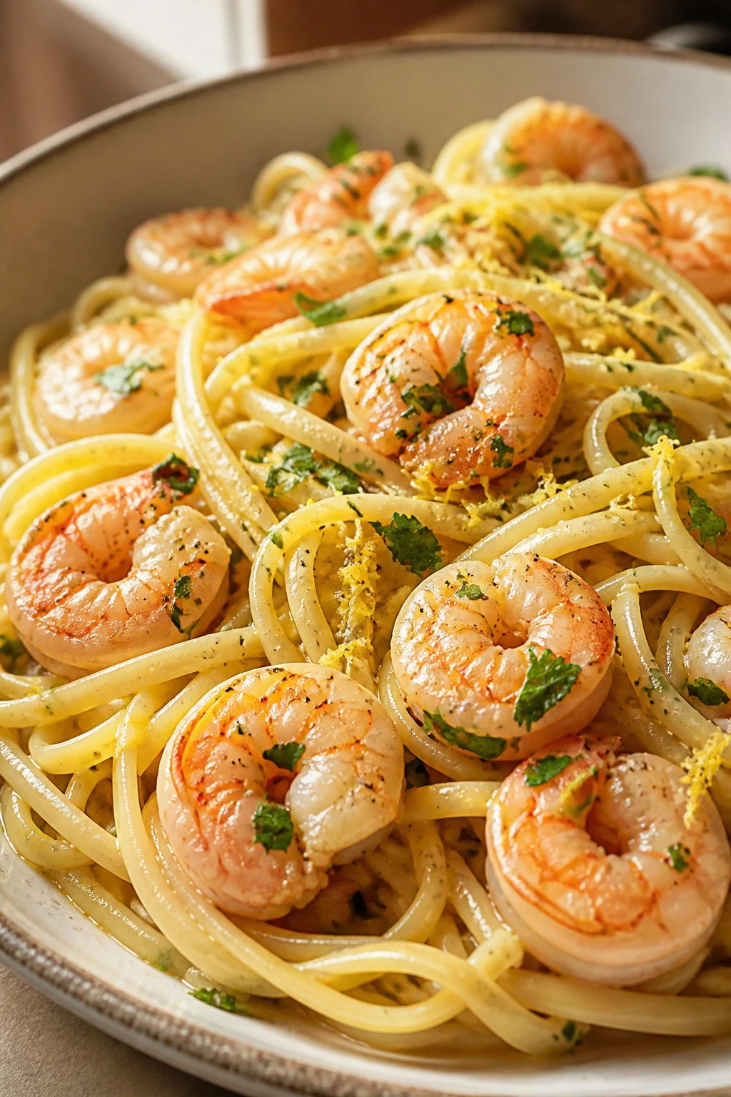 Close-up of shrimp scampi linguine in garlic butter sauce