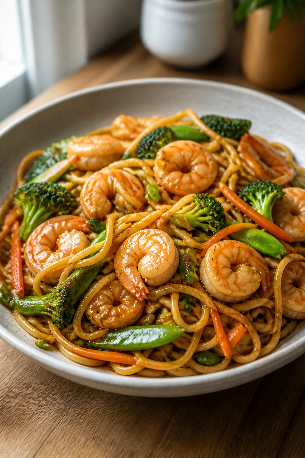 Close-up of shrimp veggie lo mein with vegetables