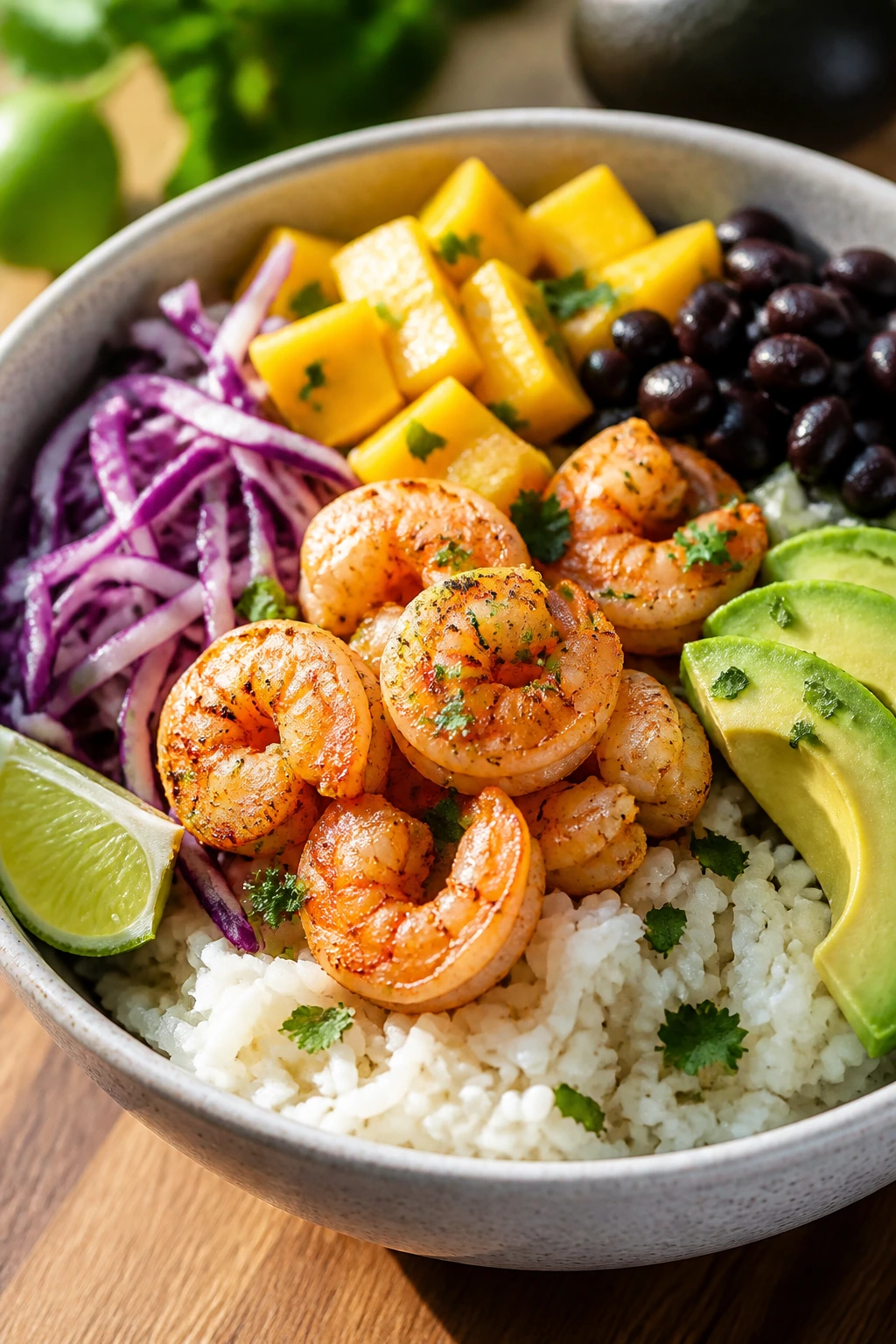 Close-up shrimp mango rice bowl with rice, mango, cabbage and avocado