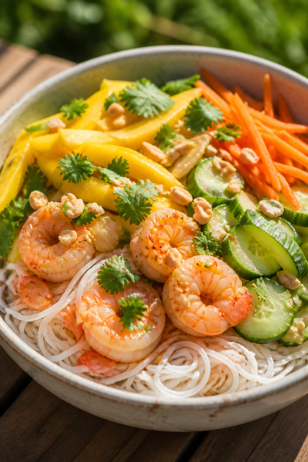 Close-up of shrimp and mango rice noodle bowl on a wooden table outdoors