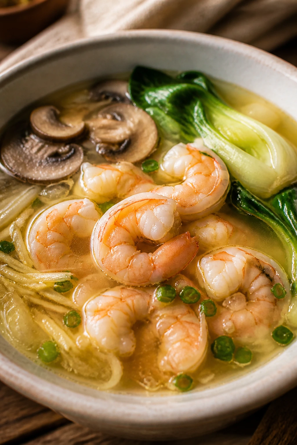 Close-up of Miso Ginger Shrimp Broth in a bowl on a cozy kitchen