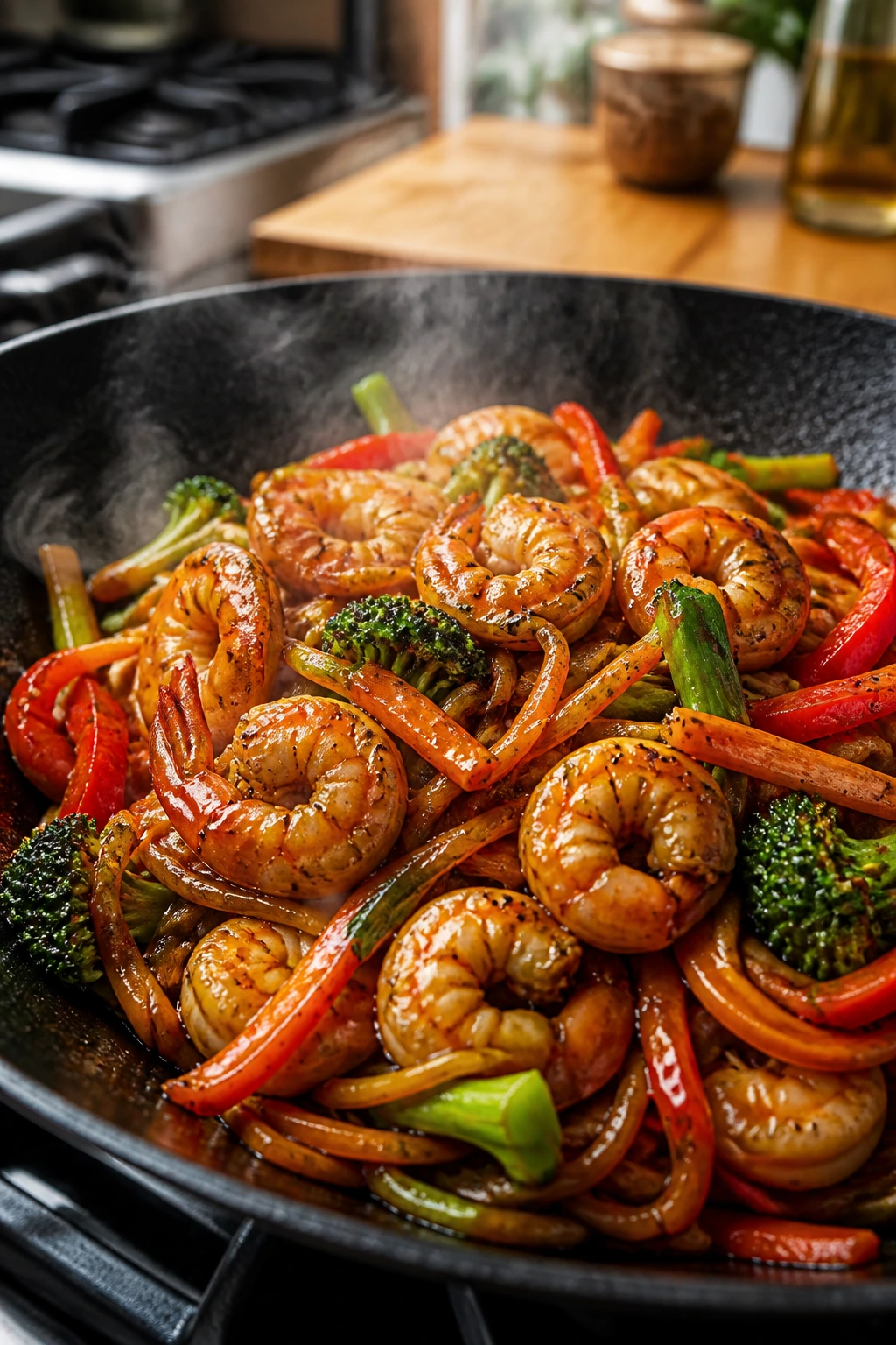 Close-up of glossy teriyaki shrimp and noodles in a sizzling stir-fry skillet