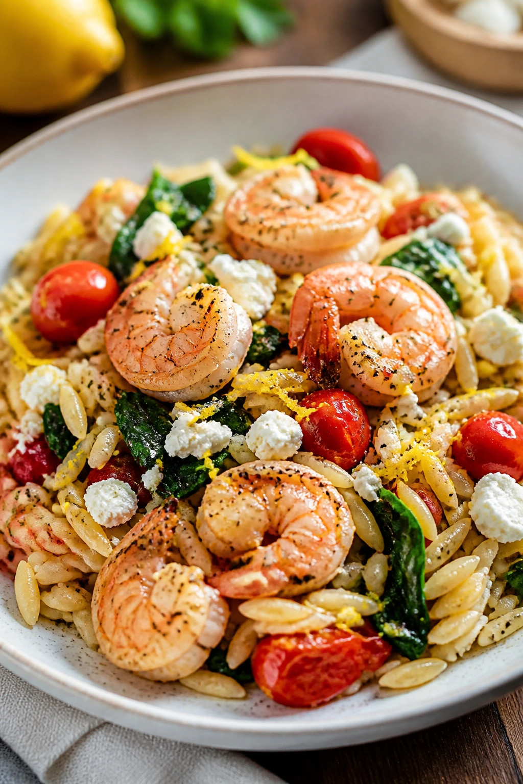Close-up of Greek shrimp orzo with feta and lemon on a bright plate