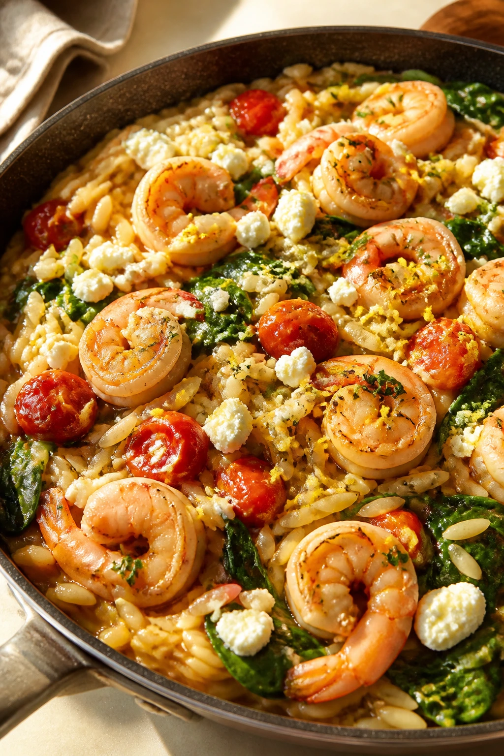 Close-up of Greek shrimp and orzo with feta and lemon on a skillet