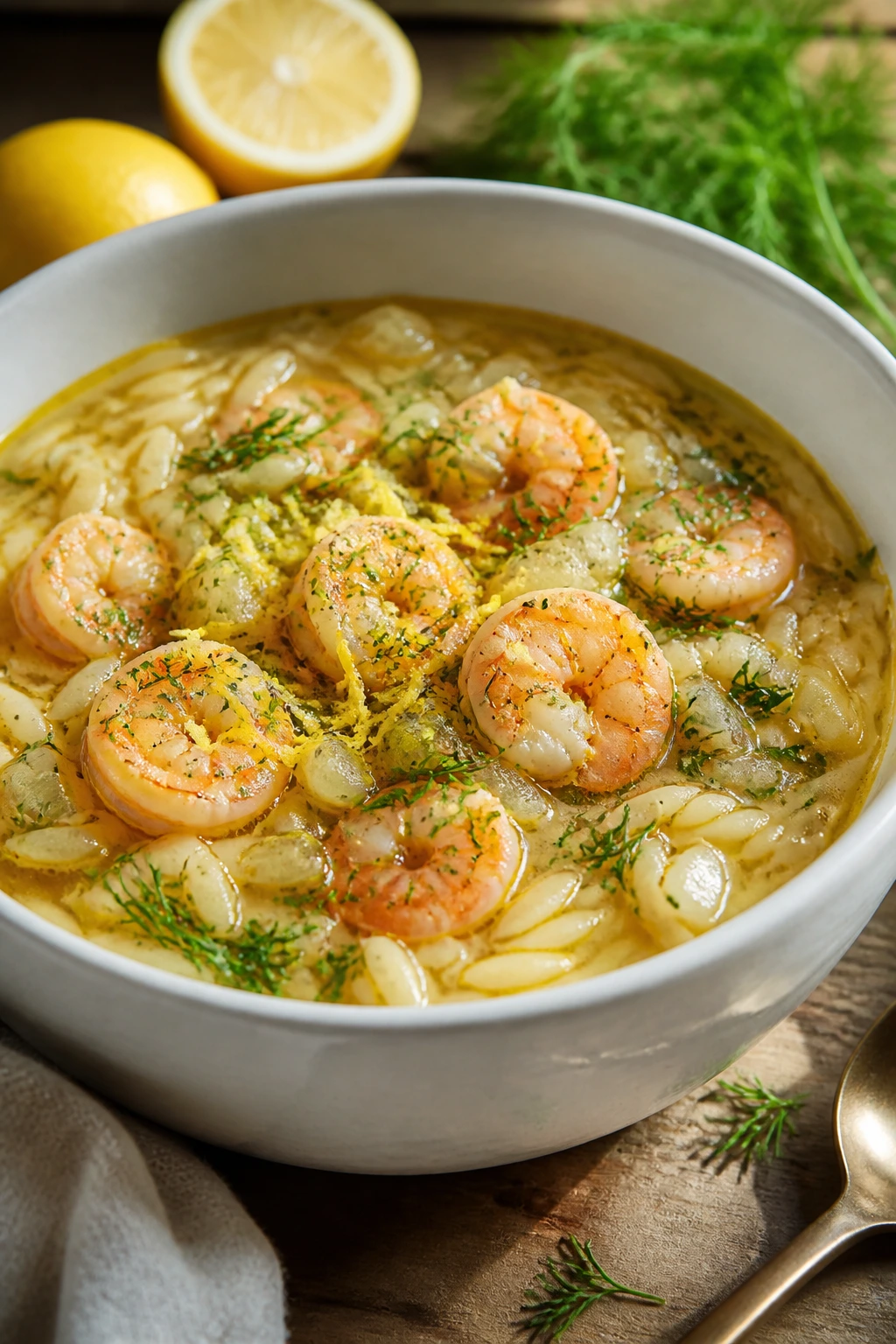 Close-up of Lemon Orzo Shrimp Soup in a bowl on a sunlit counter