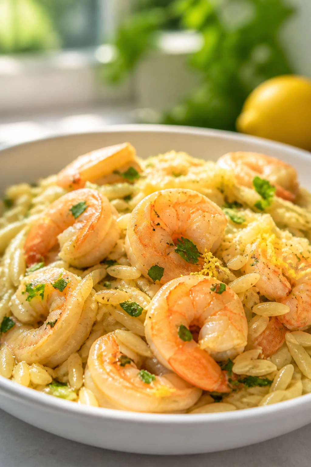 Orzo with shrimp lemon garlic in a shallow bowl