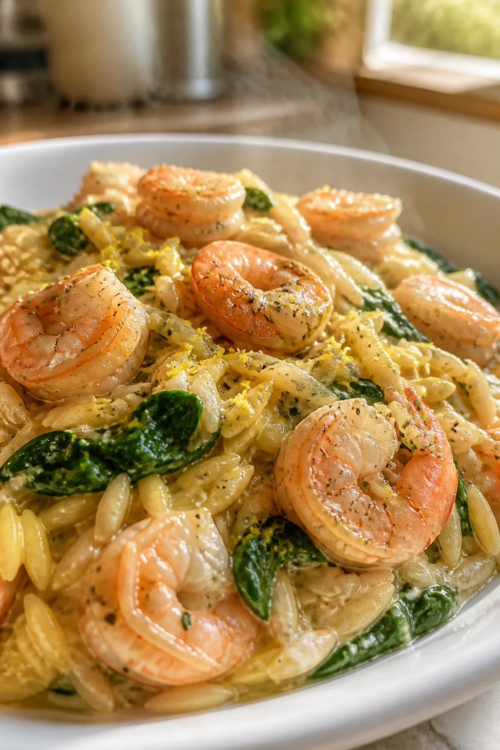 Shrimp with lemon parmesan orzo on a plate in a bright kitchen